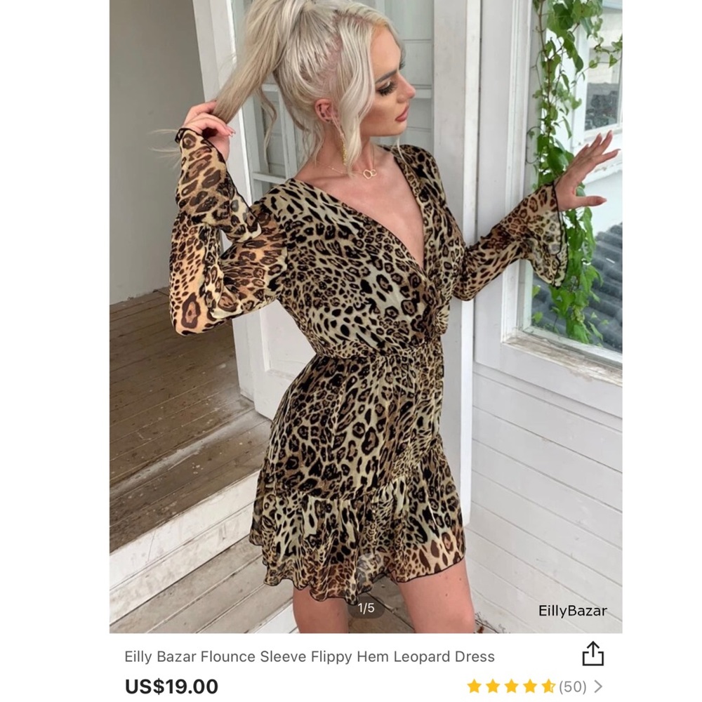 Eilly Bazar Flounce Sleeve Hem Leopard Dress